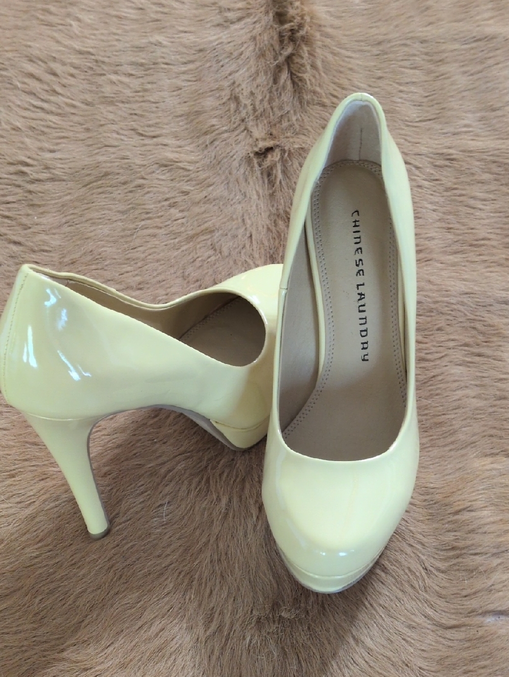 Chinese Laundry Pale Yellow Patent Platform Pumps